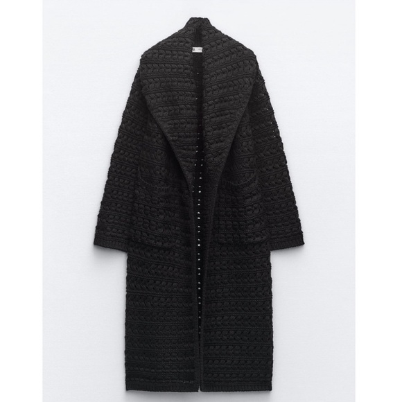 Zara Long Textured knit Coat With Wide Lapel Collar/Sleeves medium - Picture 4 of 16
